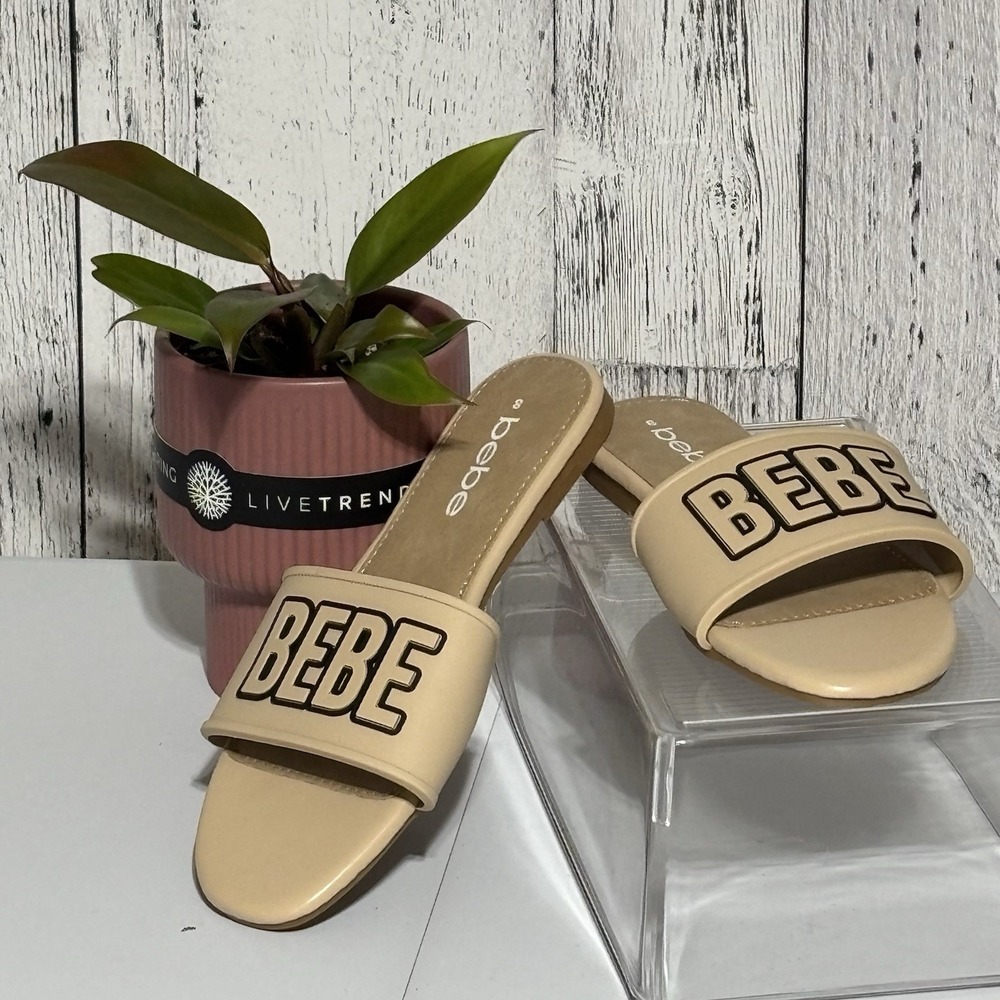 Bebe Womens Slide Nude With Black Logo Sandals Size 8 Pool, Beach , Casual